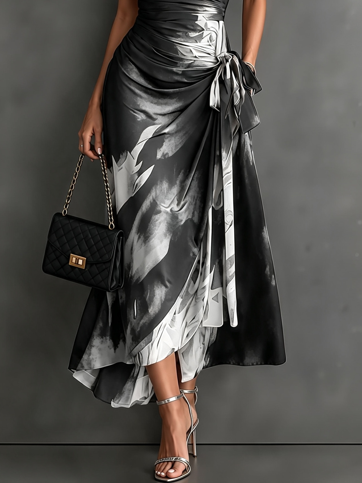 Vestido Midi Envoltura con Estampado Abstracto Rojo y Negro, Cuello con Escote en V, Manga Corta, Cintura para Atar, Dobladillo Asimétrico con Volantes
