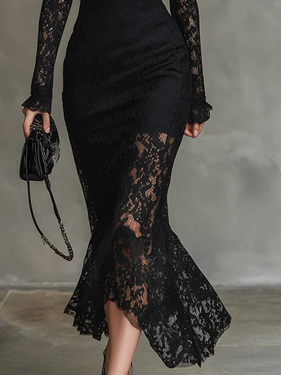 Vestido largo negro de encaje elástico con bajo de sirena - Imagen 5