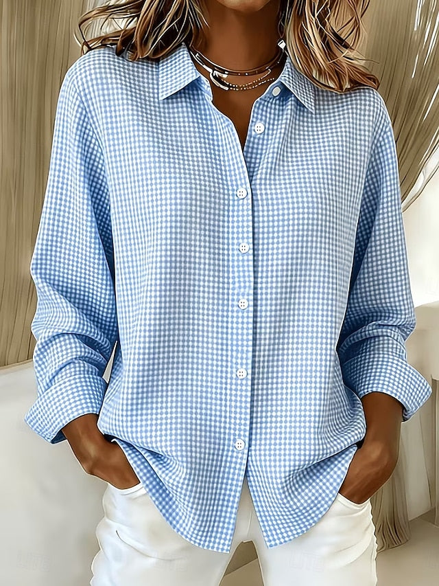 Hillrose™ | Blusa de cuadros vichy con botones — Azul cielo