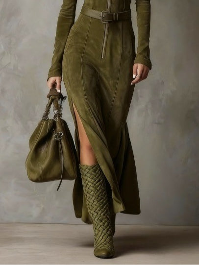 Evelyn | Vestido de efecto ante con cinturón y cremallera - Imagen 3