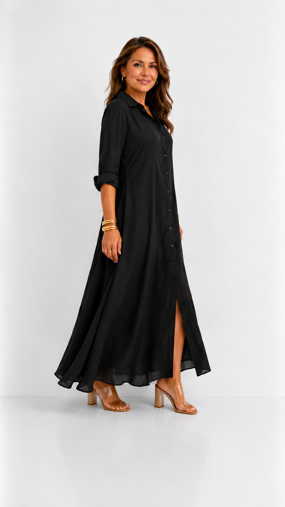 Céline | Vestido Maxi Negro Holgado con Botones