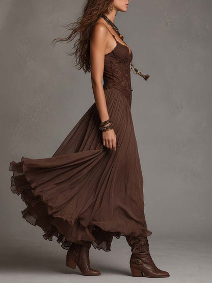 Federica | Vestido largo de gasa y encaje marrón