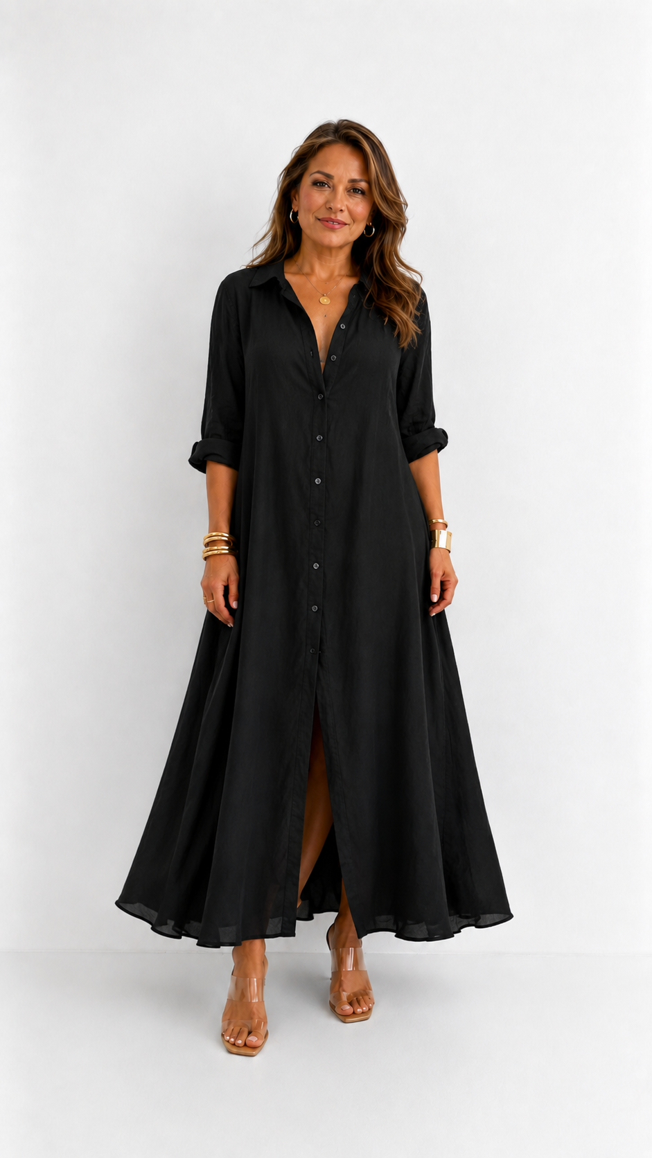 Céline | Vestido Maxi Negro Holgado con Botones