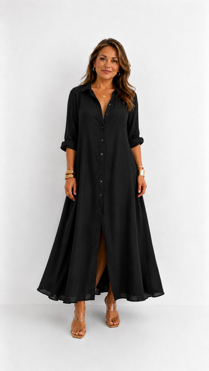 Céline | Vestido Maxi Negro Holgado con Botones