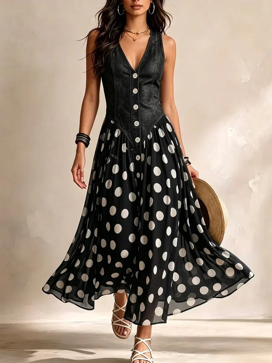 Adeline | Vestido largo vaquero con lunares