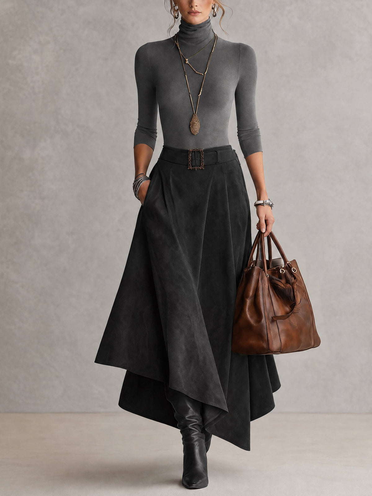 VALENTINA | Conjunto Elegante de Cuello Alto y Falda Asimétrica