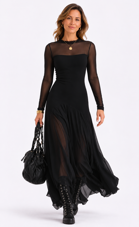 Noémie | Vestido largo evasé de tul negro