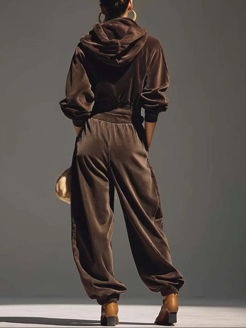 Conjunto vintage de terciopelo marrón con sudadera con capucha y pantalón amplio (incluye cinturón) - Imagen 4