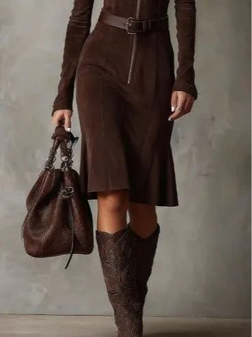 Vestido midi vintage marrón con cremallera y cinturón - Imagen 3