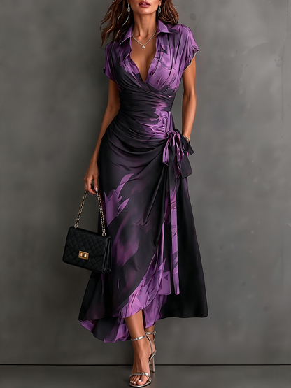 Vestido Midi Envoltura con Estampado Abstracto Rojo y Negro, Cuello con Escote en V, Manga Corta, Cintura para Atar, Dobladillo Asimétrico con Volantes