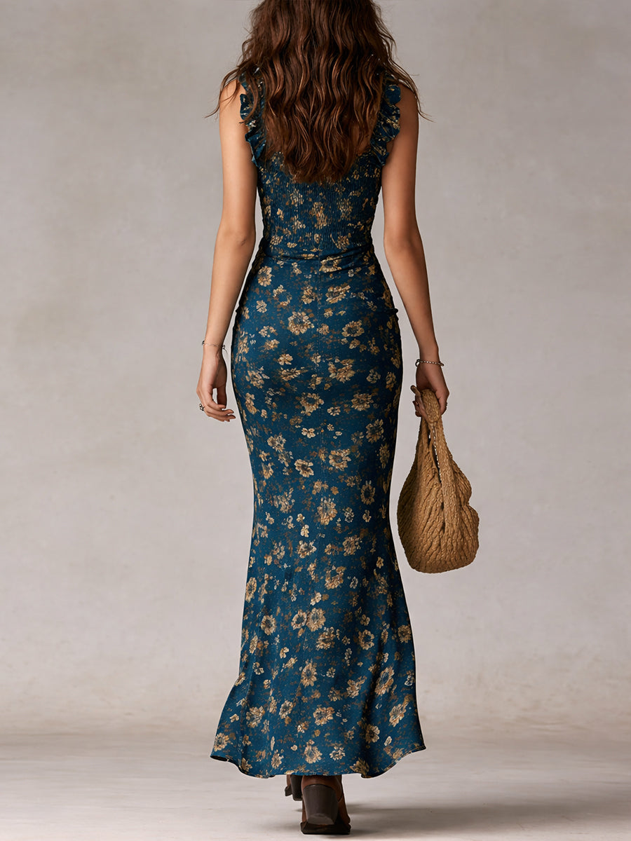 Vestido largo de estilo bohemio y retro con mangas de volantes y elegante abertura alta