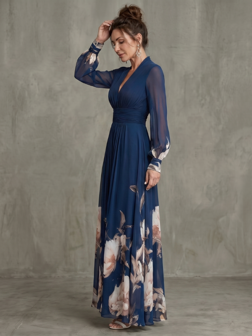 Zélie | Vestido largo con mangas plisadas transparentes