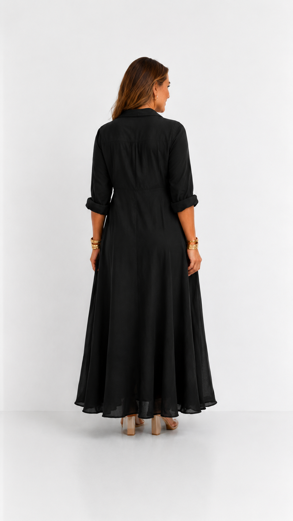 Céline | Vestido Maxi Negro Holgado con Botones
