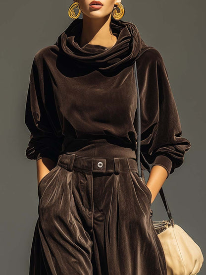 Conjunto vintage de terciopelo marrón con sudadera con capucha y pantalón amplio (incluye cinturón) - Imagen 5