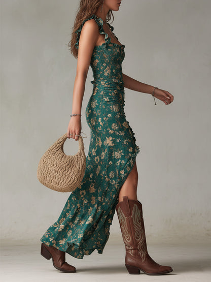 Vestido largo de estilo bohemio y retro con mangas de volantes y elegante abertura alta