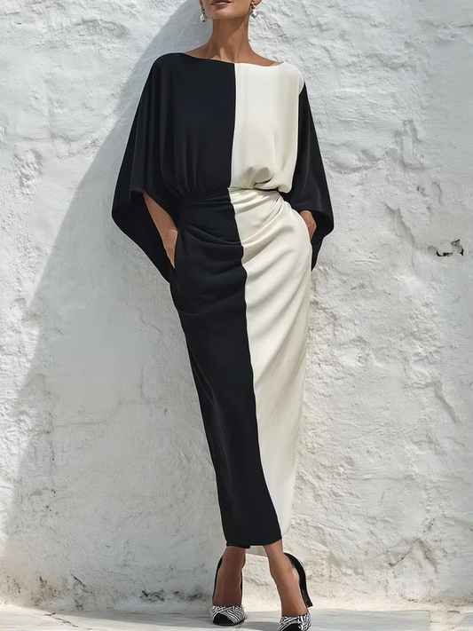 Conjunto de dos piezas con top y falda midi en contraste de color blanco y negro