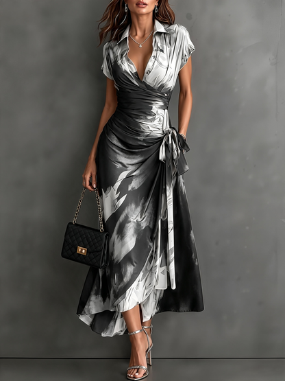 Vestido Midi Envoltura con Estampado Abstracto Rojo y Negro, Cuello con Escote en V, Manga Corta, Cintura para Atar, Dobladillo Asimétrico con Volantes