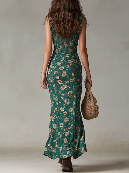 Vestido largo de estilo bohemio y retro con mangas de volantes y elegante abertura alta