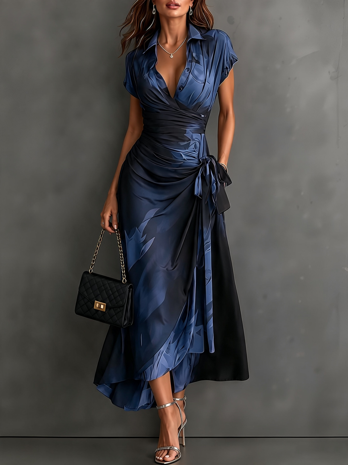 Vestido Midi Envoltura con Estampado Abstracto Rojo y Negro, Cuello con Escote en V, Manga Corta, Cintura para Atar, Dobladillo Asimétrico con Volantes
