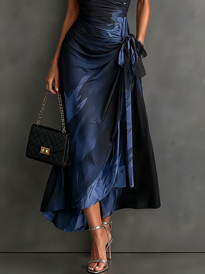 Vestido Midi Envoltura con Estampado Abstracto Rojo y Negro, Cuello con Escote en V, Manga Corta, Cintura para Atar, Dobladillo Asimétrico con Volantes