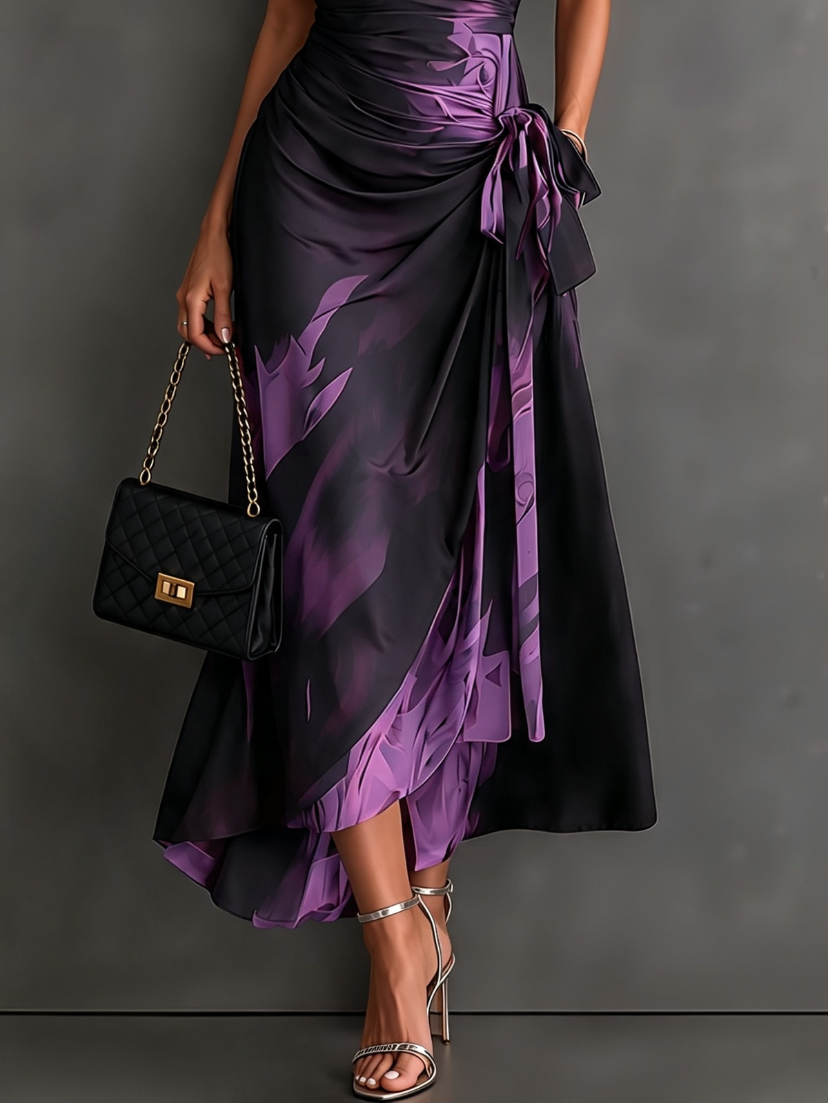 Rosalie | Vestido midi cruzado con estampado abstracto, escote en V, manga corta, cinturón y bajo asimétrico con volante