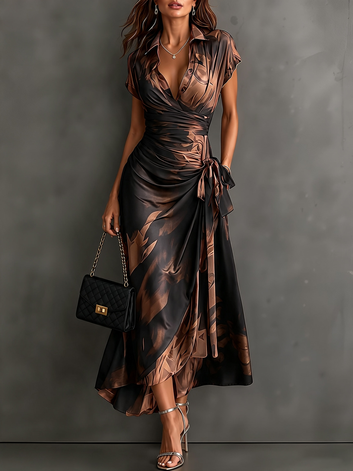 Vestido Midi Envoltura con Estampado Abstracto Rojo y Negro, Cuello con Escote en V, Manga Corta, Cintura para Atar, Dobladillo Asimétrico con Volantes