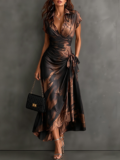 Vestido Midi Envoltura con Estampado Abstracto Rojo y Negro, Cuello con Escote en V, Manga Corta, Cintura para Atar, Dobladillo Asimétrico con Volantes