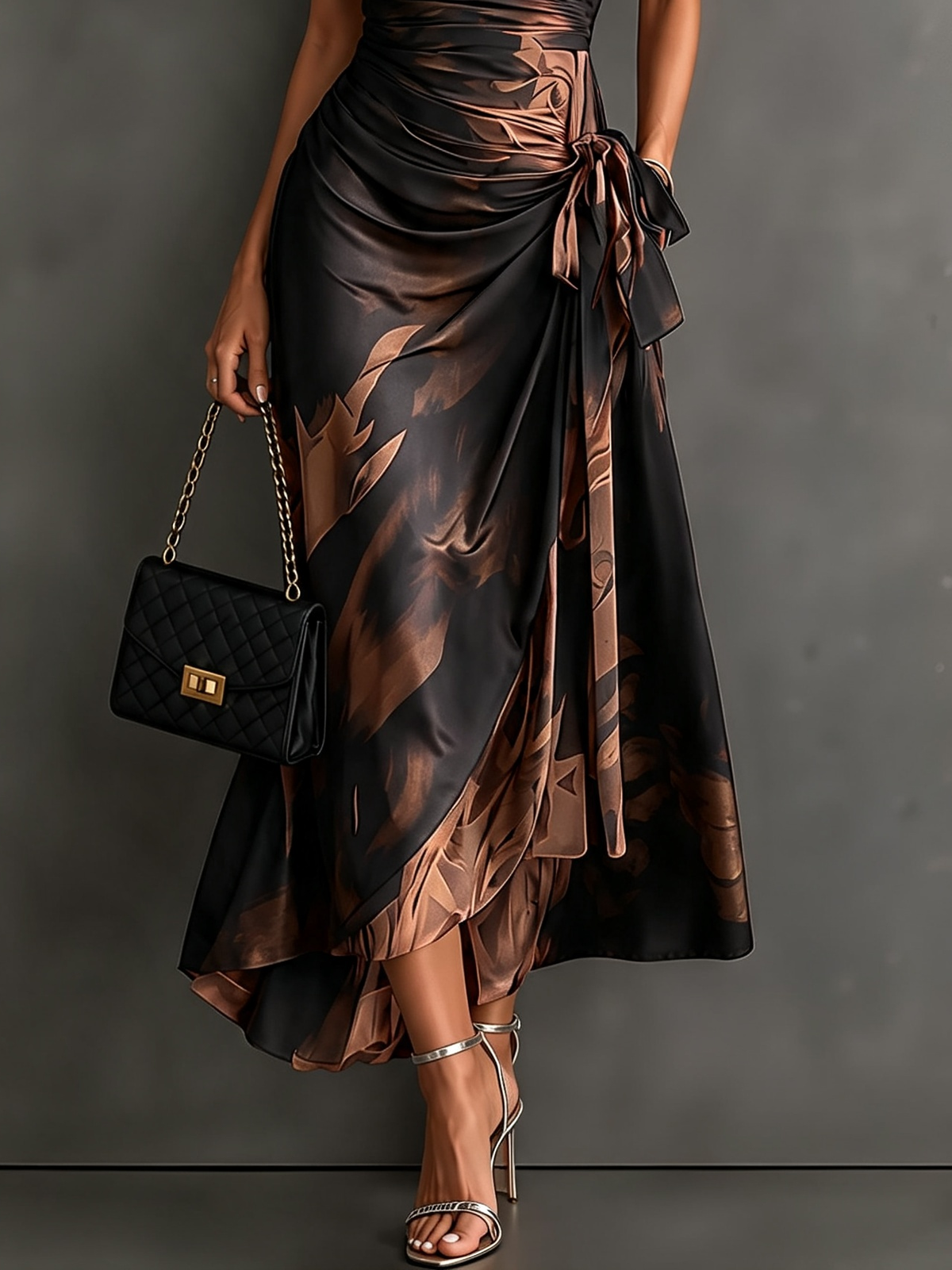 Vestido Midi Envoltura con Estampado Abstracto Rojo y Negro, Cuello con Escote en V, Manga Corta, Cintura para Atar, Dobladillo Asimétrico con Volantes