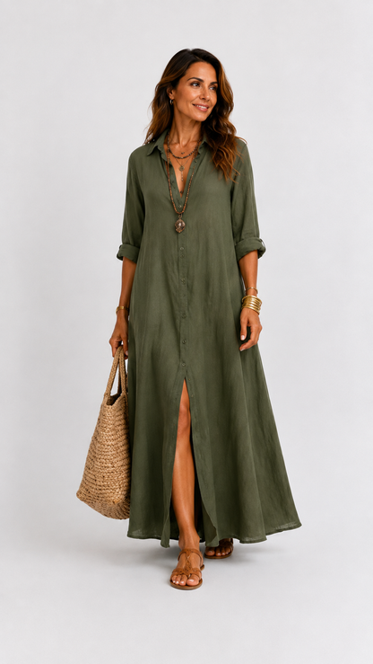 Céline | Vestido Maxi Negro Holgado con Botones