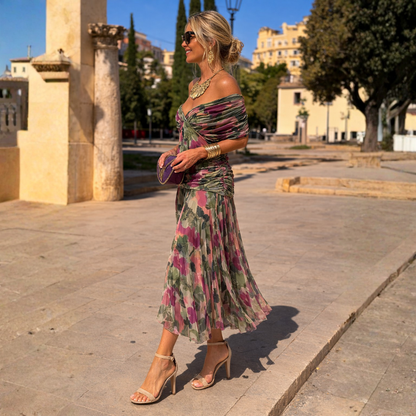 Mikaela | Vestido largo con hombros descubiertos que estiliza el abdomen