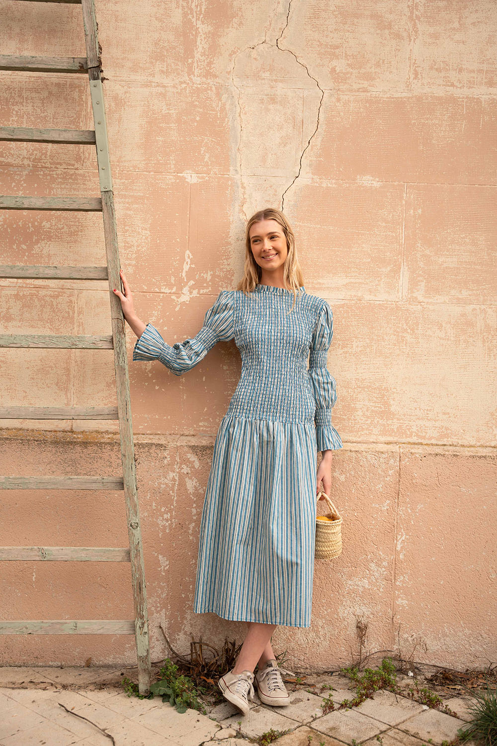 Vestido midi de algodón con nido de abeja | Chloe