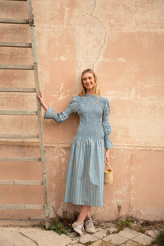 Vestido midi de algodón con nido de abeja | Chloe