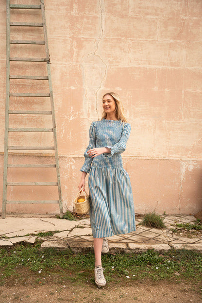 Vestido midi de algodón con nido de abeja | Chloe