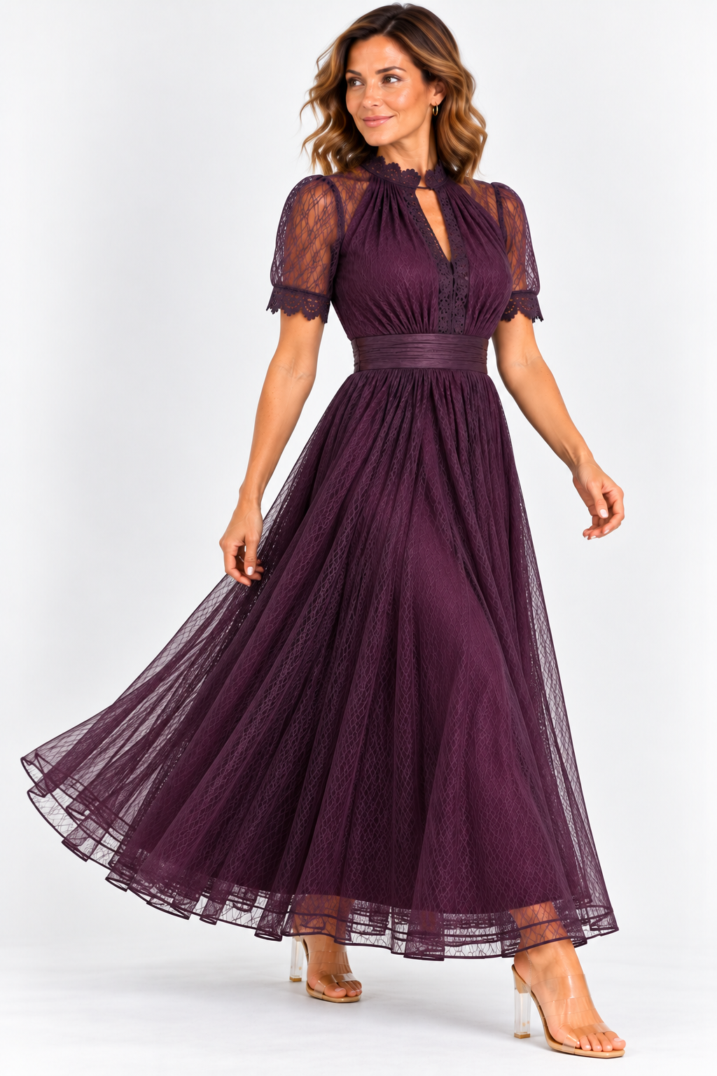 Flavia | Vestido largo color ciruela con escote tipo lágrima y detalles de encaje en chiffon