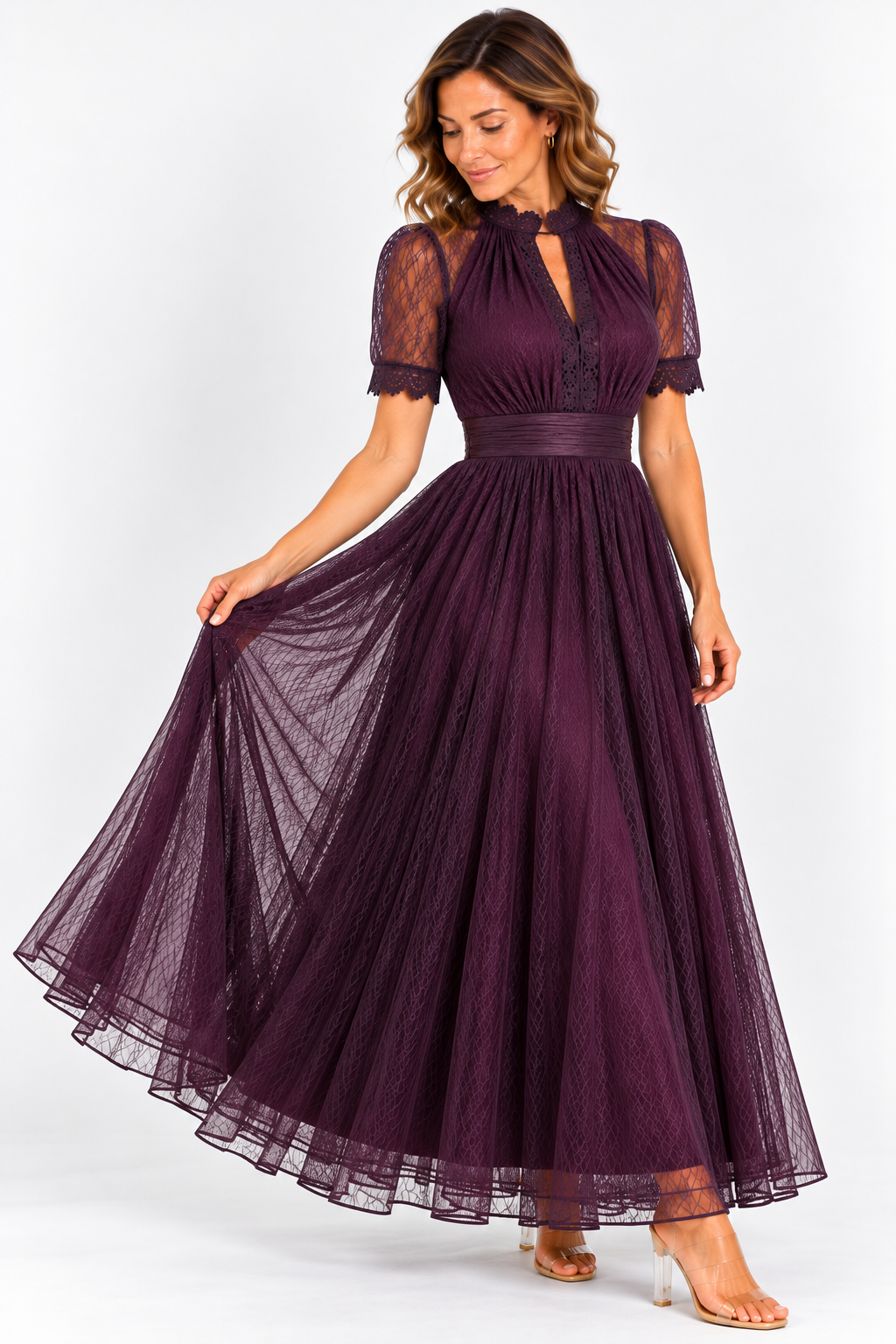 Flavia | Vestido largo color ciruela con escote tipo lágrima y detalles de encaje en chiffon