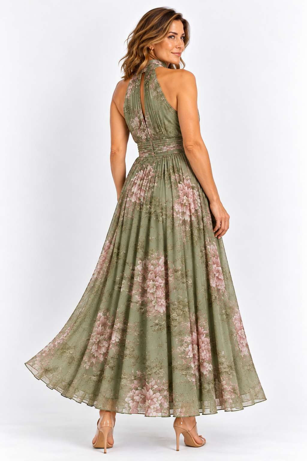 Serena · Vestido largo verde floral de gasa con escote halter