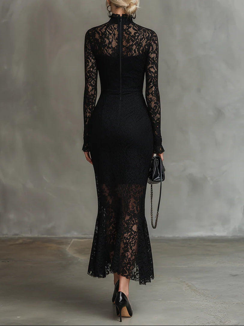 Vestido largo negro de encaje elástico con bajo de sirena - Imagen 2