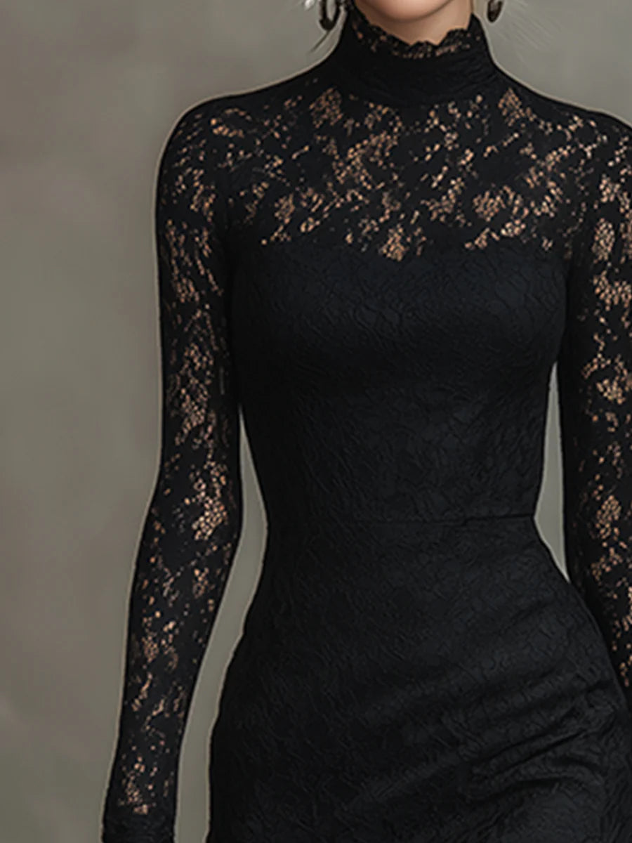 Vestido largo negro de encaje elástico con bajo de sirena - Imagen 3