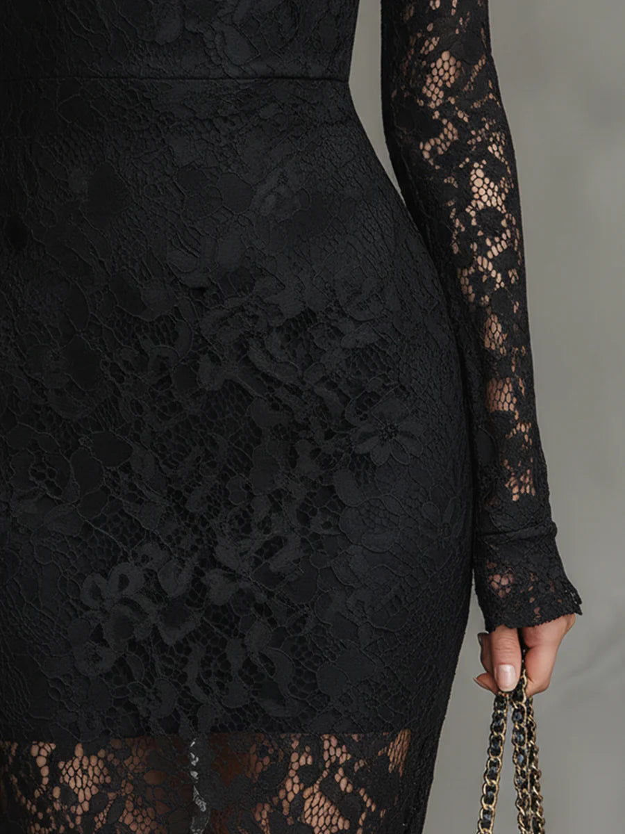 Vestido largo negro de encaje elástico con bajo de sirena - Imagen 4