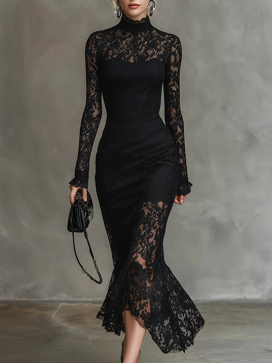 Vestido largo negro de encaje elástico con bajo de sirena - Imagen 1