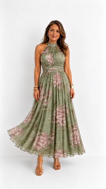 Serena · Vestido largo verde floral de gasa con escote halter