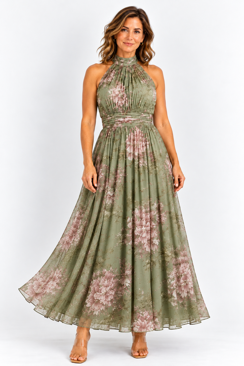 Serena · Vestido largo verde floral de gasa con escote halter