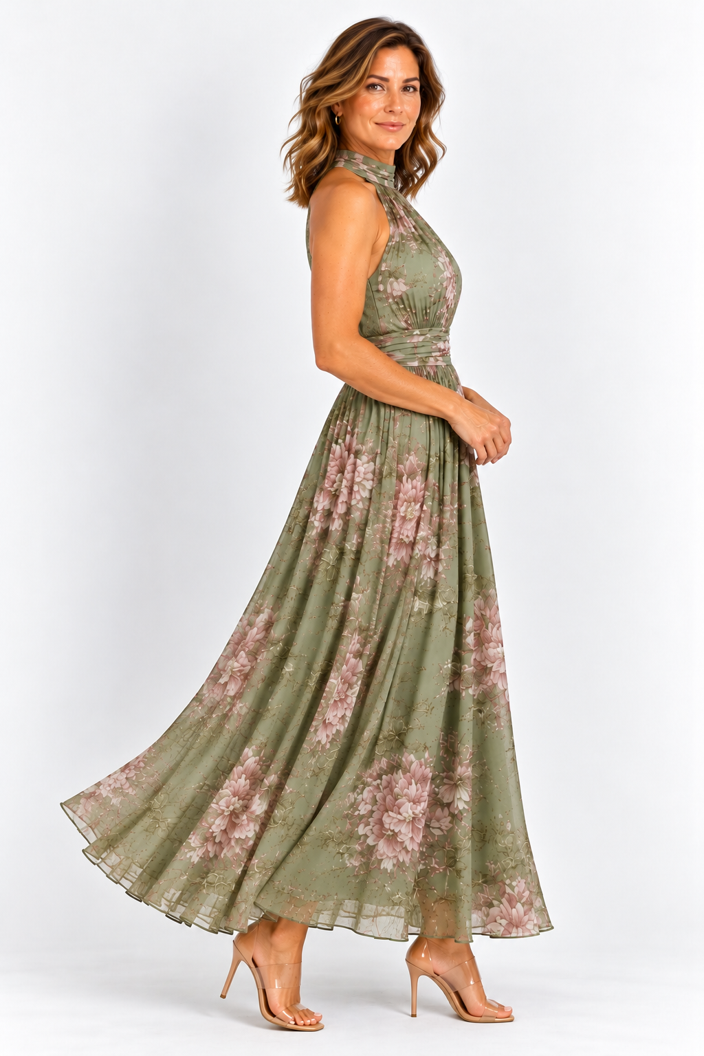 Serena · Vestido largo verde floral de gasa con escote halter