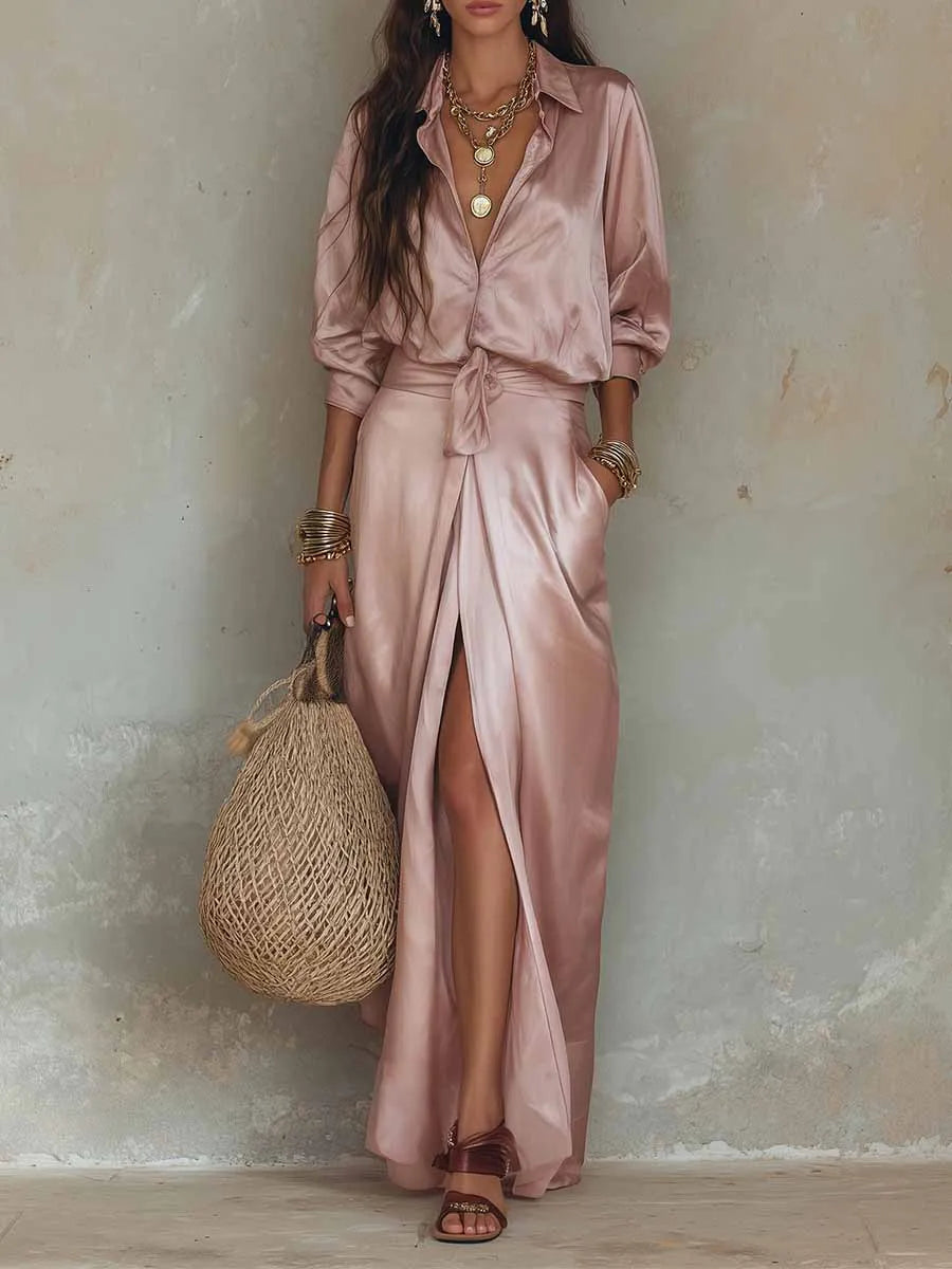 Rosmunda | Conjunto de camisa y falda larga con lazada - Imagen 2