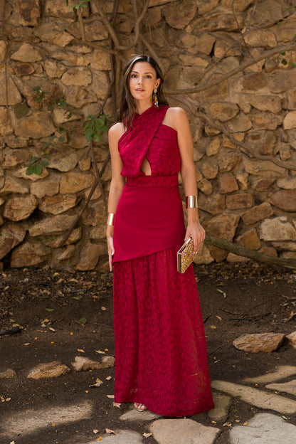 Vestido  largo halter doble falda cereza