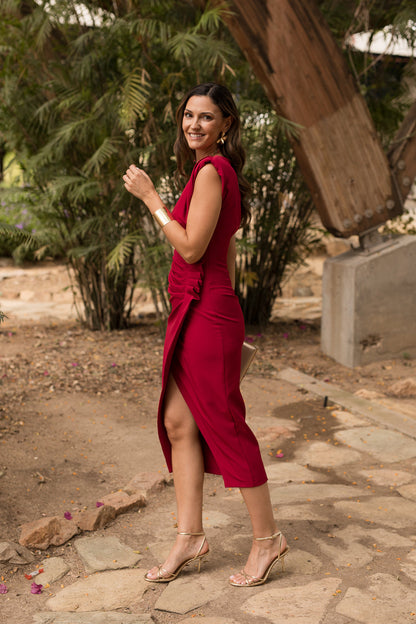 Vestido midi tulipán hombrera rojo