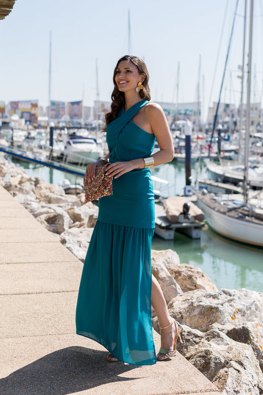 Vestido  largo halter doble falda verde océano