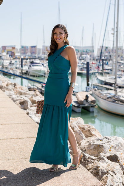 Vestido  largo halter doble falda verde océano