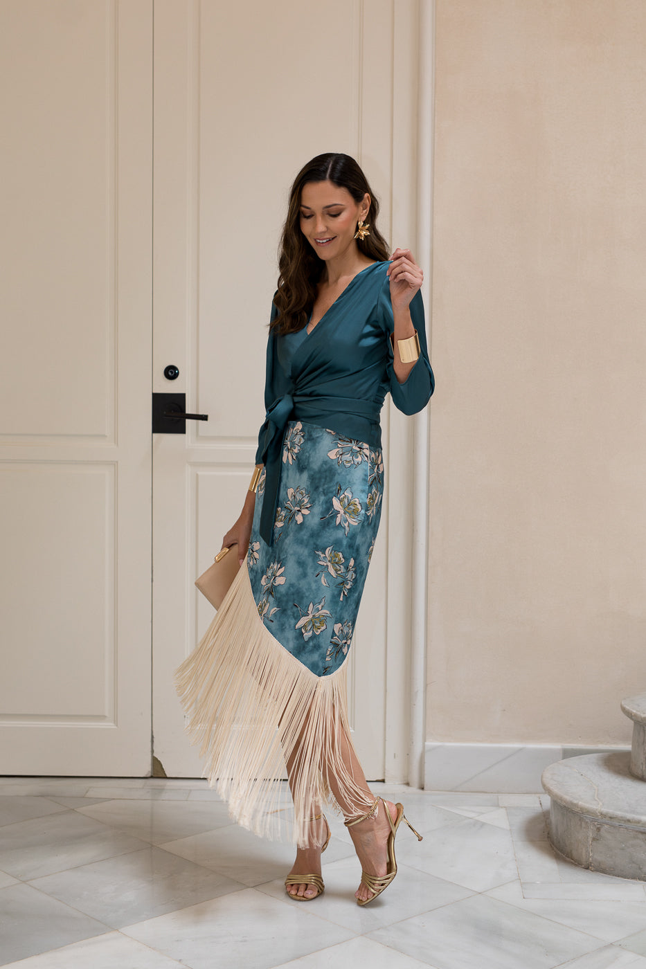 Conjunto de Blusa + falda de flecos petróleo