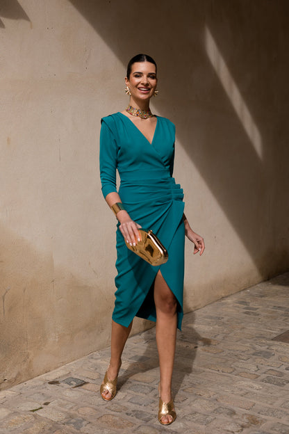 Vestido midi tulipán manga francesa petróleo